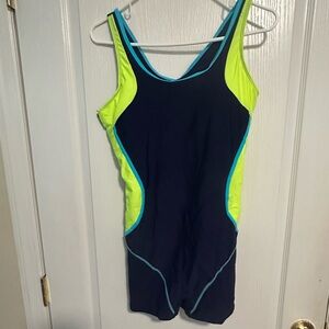 Navy Neon Green Athletic One-Piece Swimsuit Shorts Style XL New With Tags